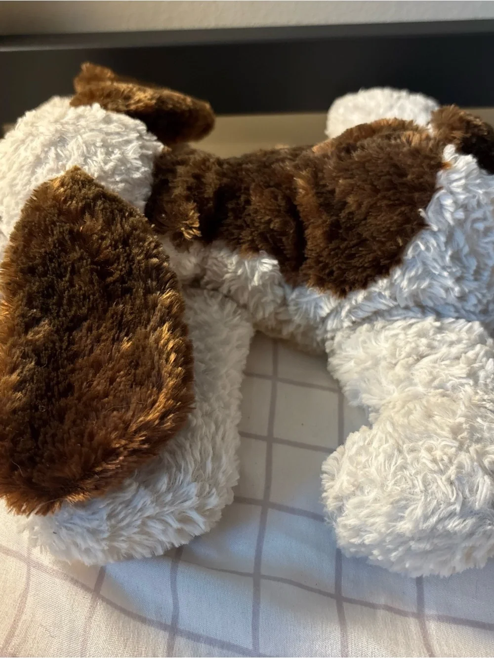 Russ Berrie Brown, White and Black Plush Dog Toy dogs name is droozy